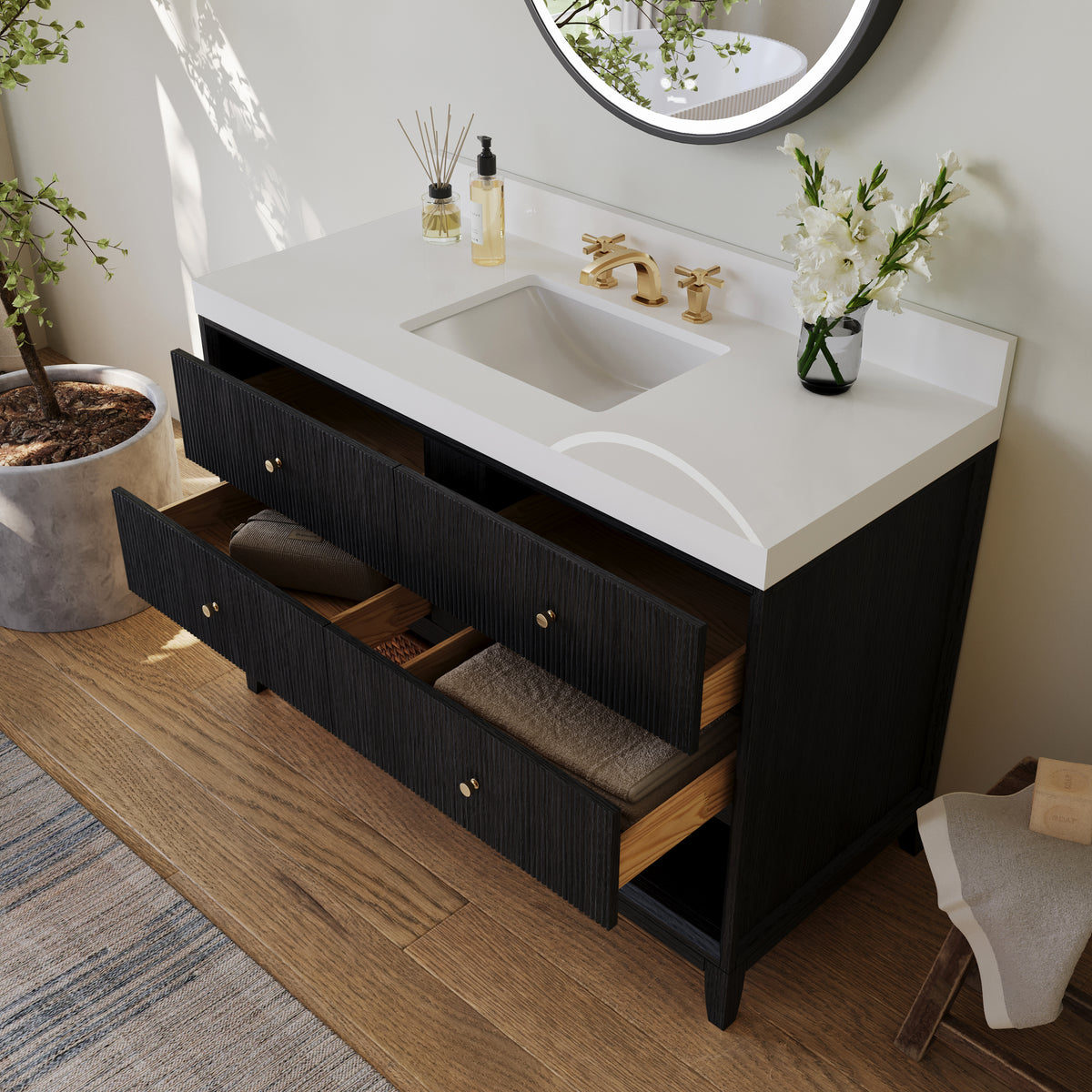 Momo 48-inch Black Oak vanity with Alpine White Quartz top - overhead angle with open drawers