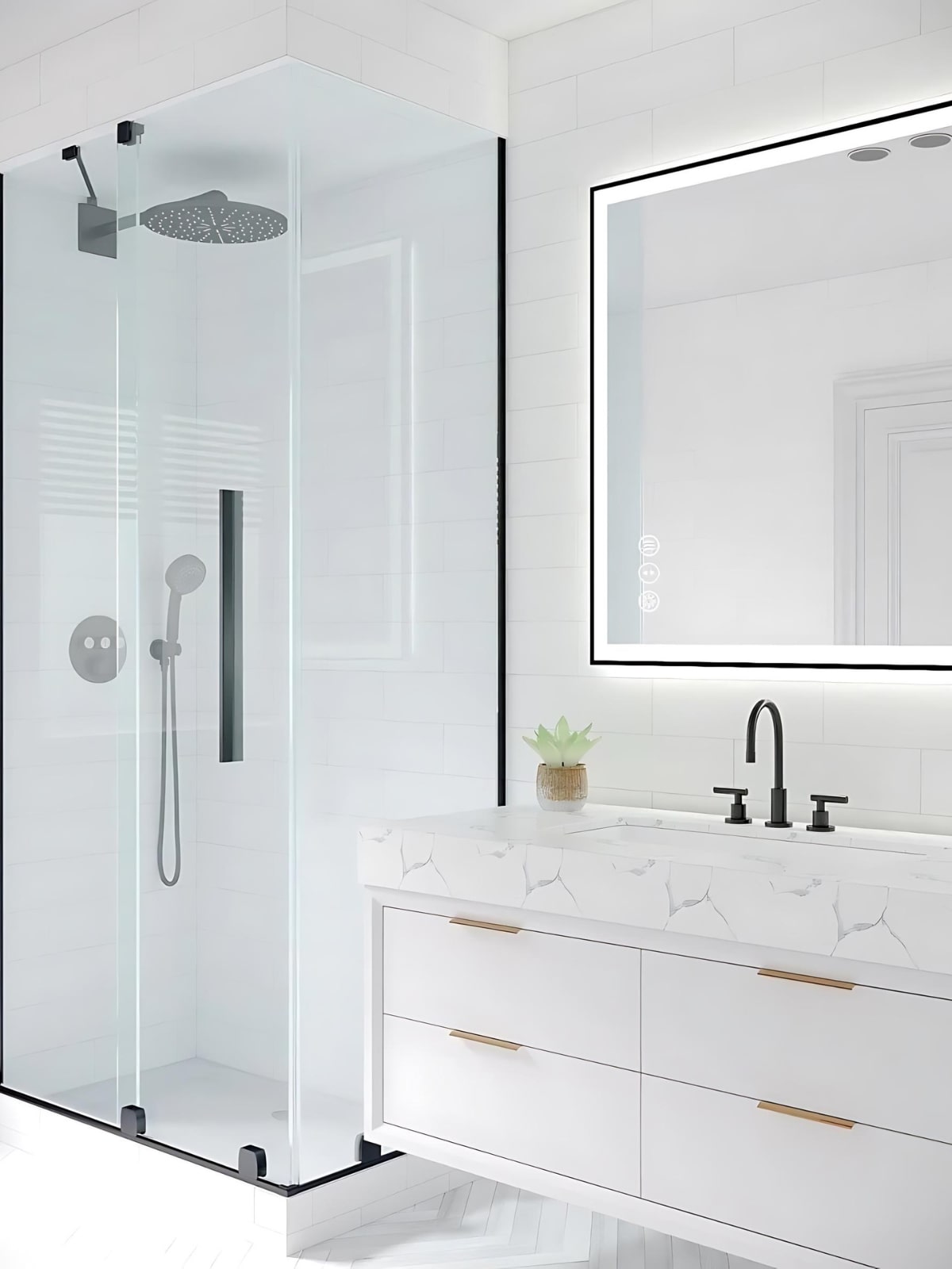 Witness a modern floating bathroom vanity with clean, sleek lines and space.