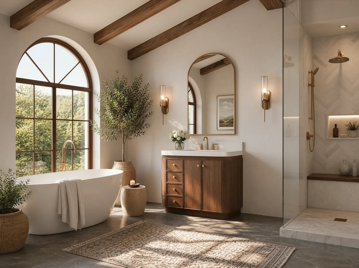 Aston 36-inch bathroom vanity in Chestnut Oak, angled view in a bathroom