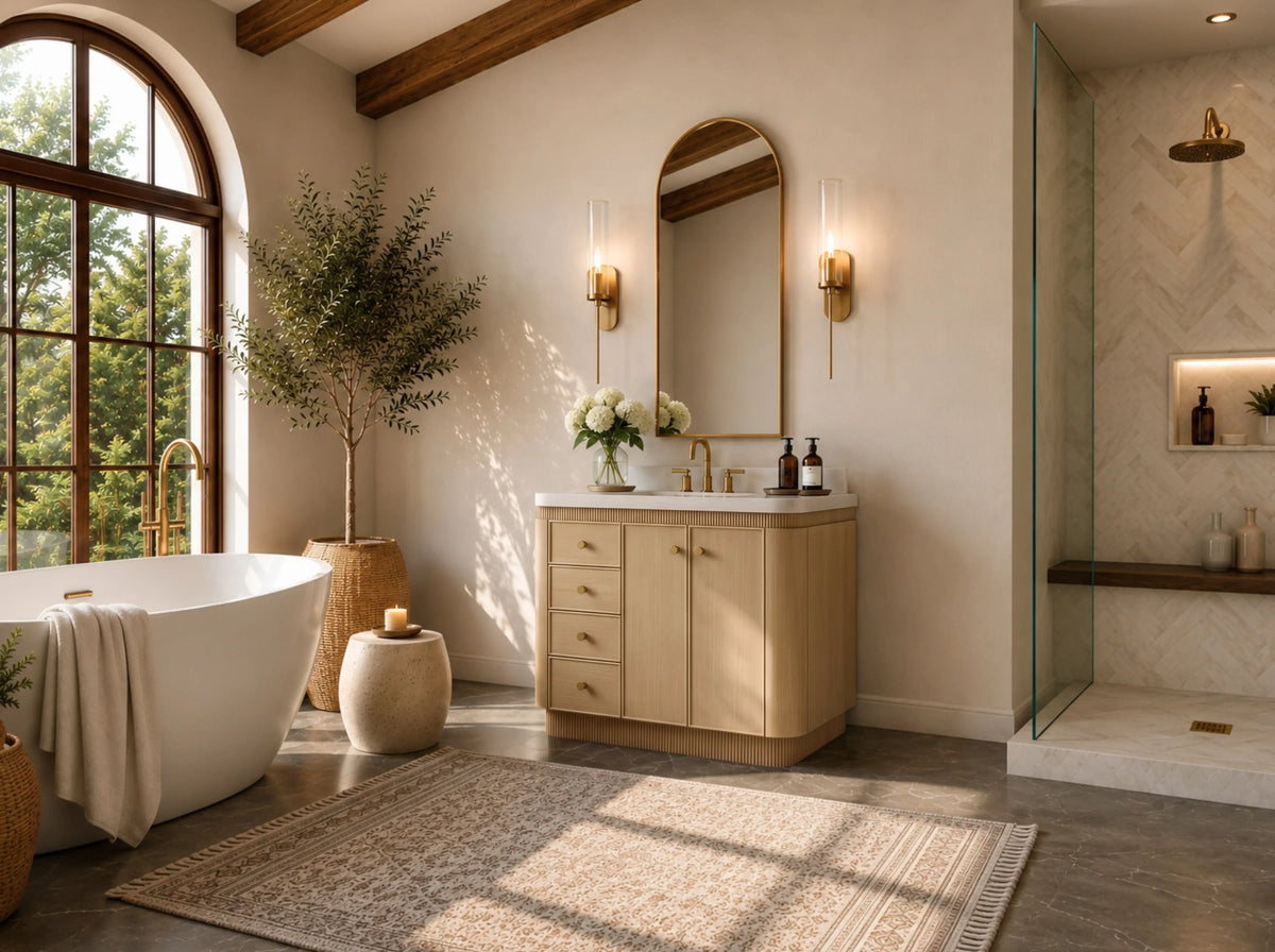 Aston 36-inch bathroom vanity in American Oak, angled view in a bathroom
