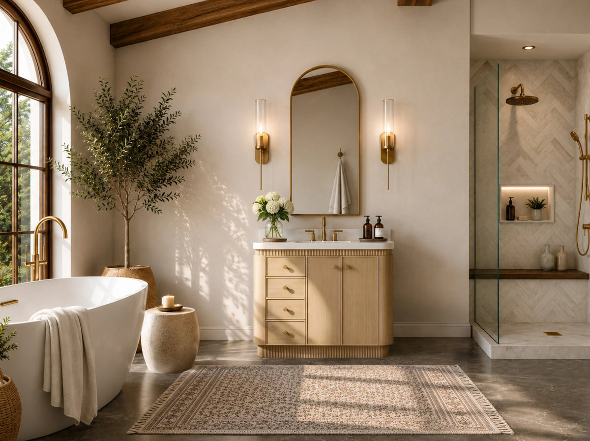 Aston 36-inch bathroom vanity in American Oak, front view in a bathroom