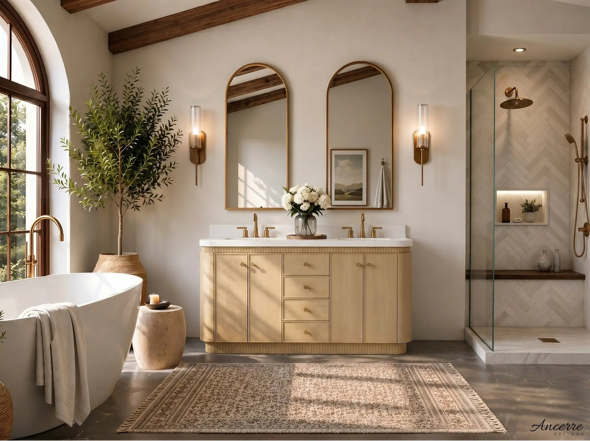 Aston 60-inch bathroom vanity in American Oak — front view in a bathroom