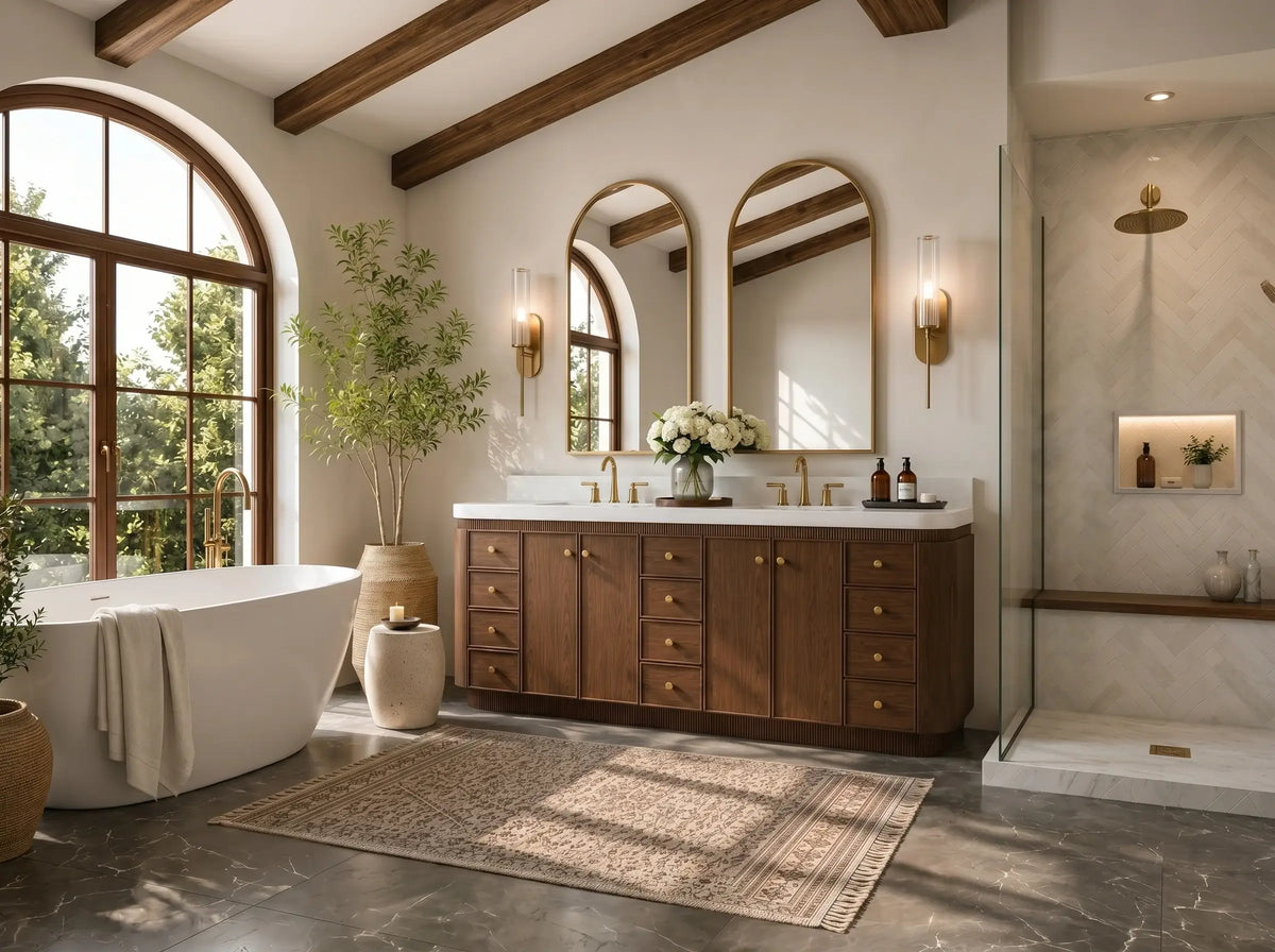 Aston 84-inch bathroom vanity in Chestnut Oak — angled view in a bathroom