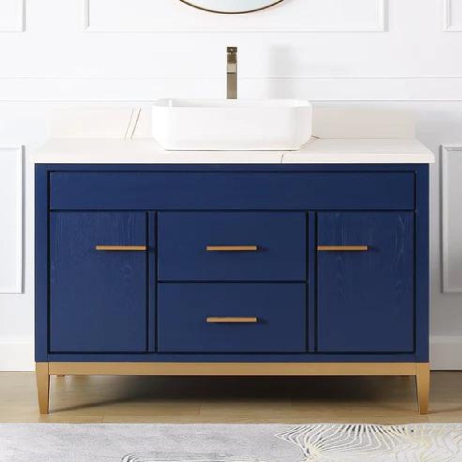 Beatrice 48" Navy Blue Bathroom Vanity with White Quartz Top - Contemporary Bathroom Vanity