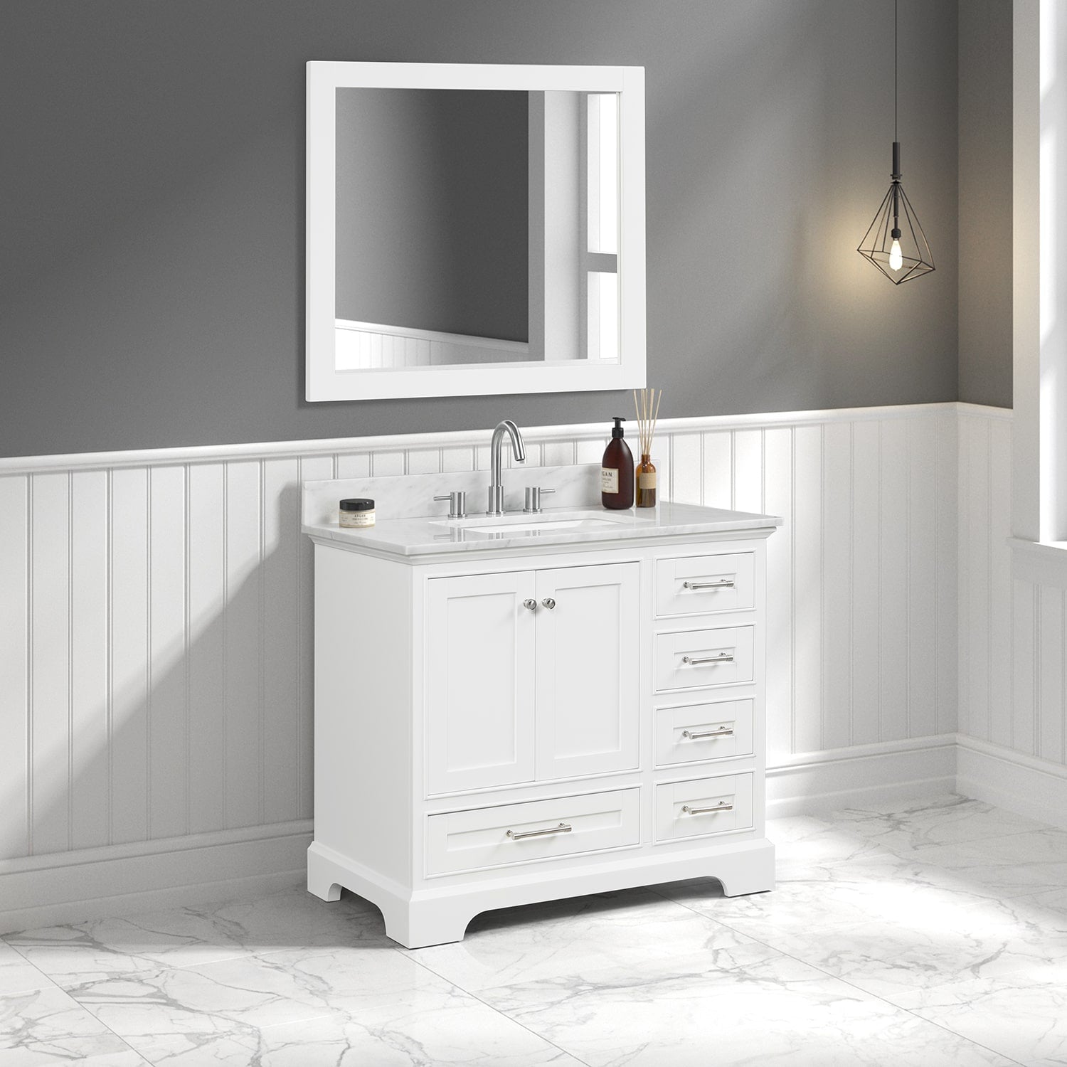 Copenhagen 36″ Bathroom Vanity with Marble Countertop and Ceramic Sink - Contemporary Bathroom Vanity