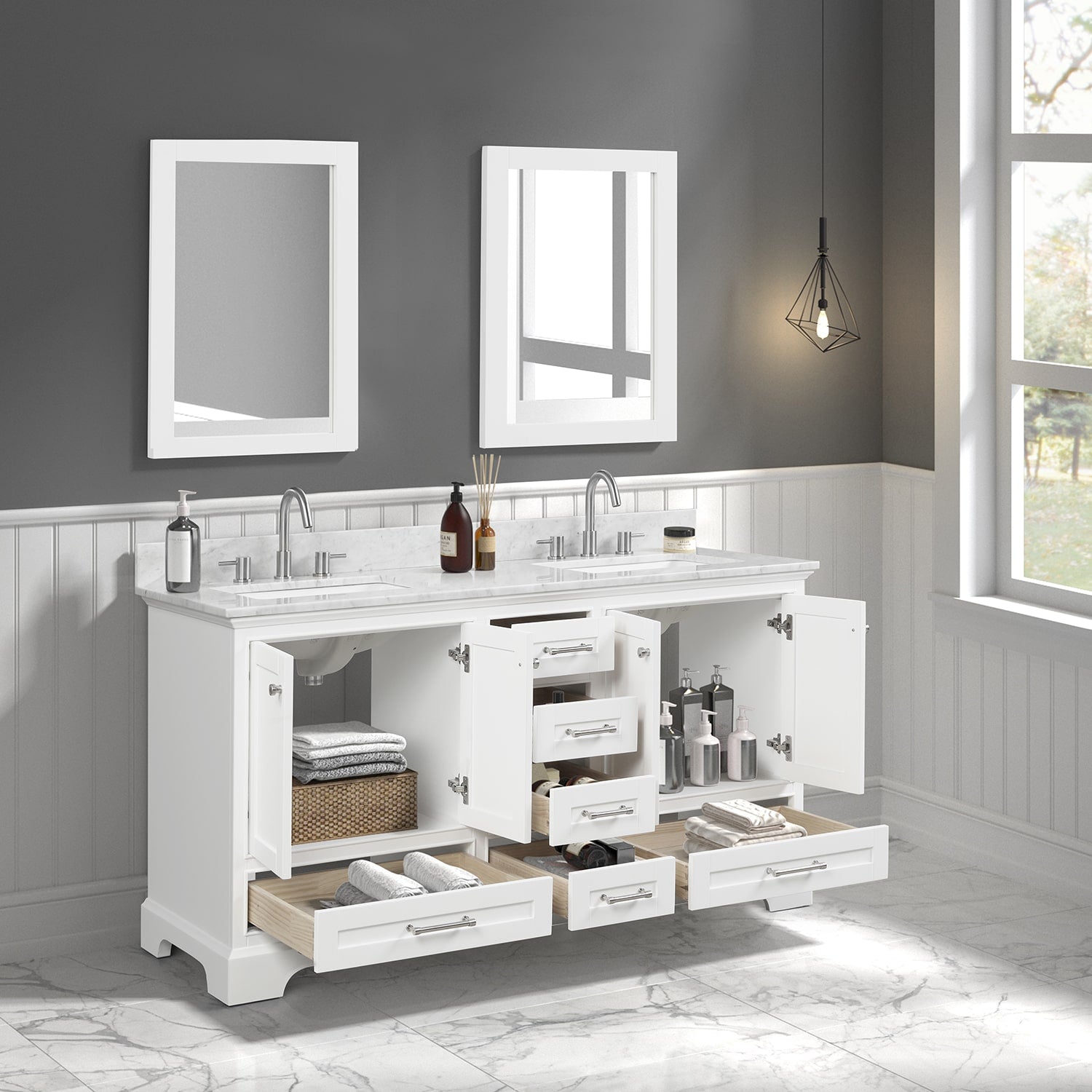 Copenhagen 60″ White Bathroom Vanity with Marble Countertop - Contemporary Bathroom Vanity
