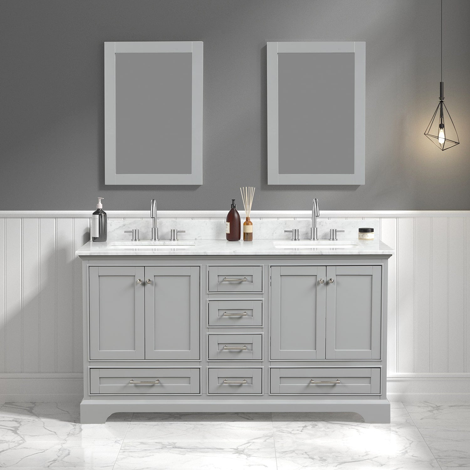 Copenhagen 60″ Vanity with Marble Countertop (Double Sink) - Contemporary Bathroom Vanity