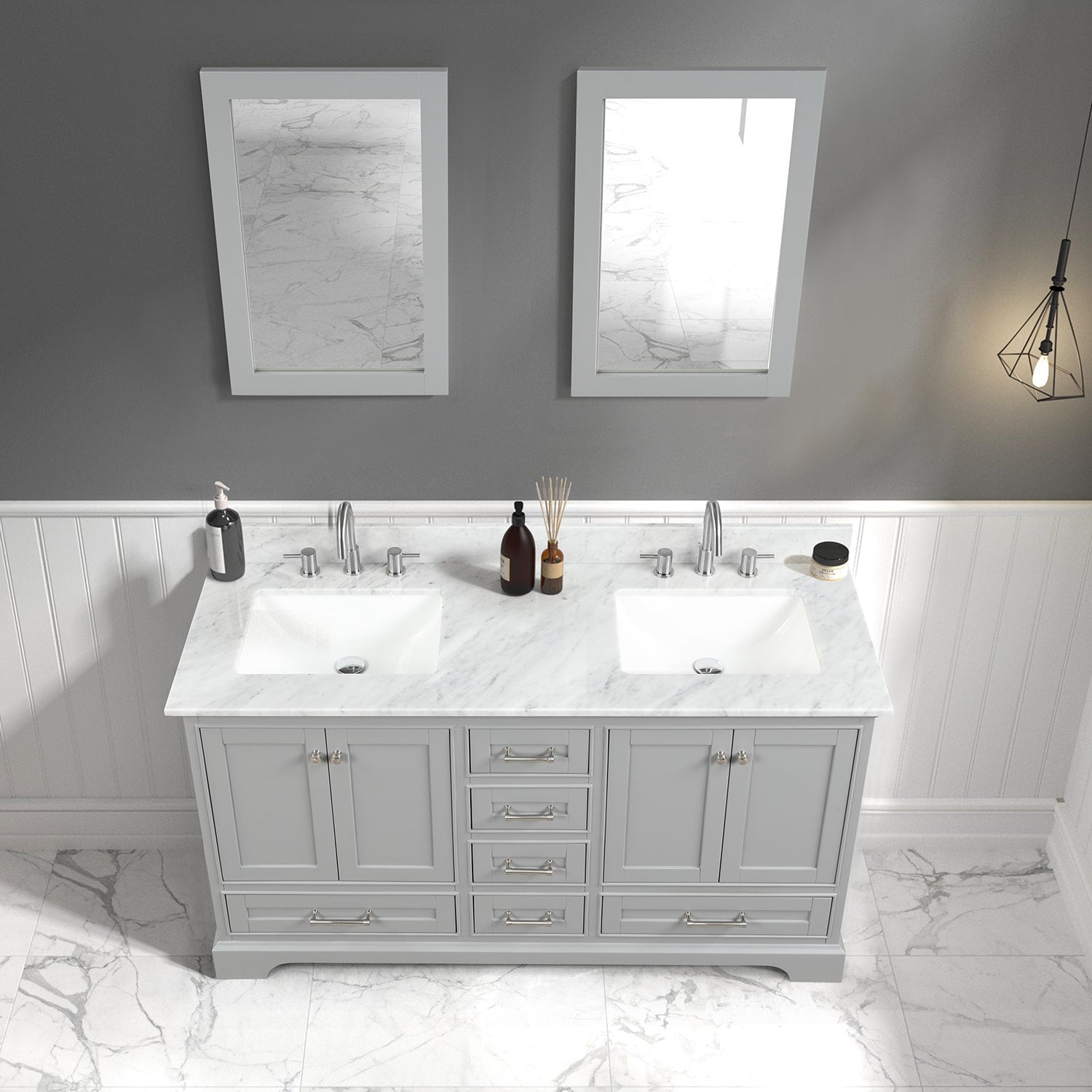 Copenhagen 60″ Bathroom Vanity with Marble Countertop Double Sink - Contemporary Bathroom Vanity