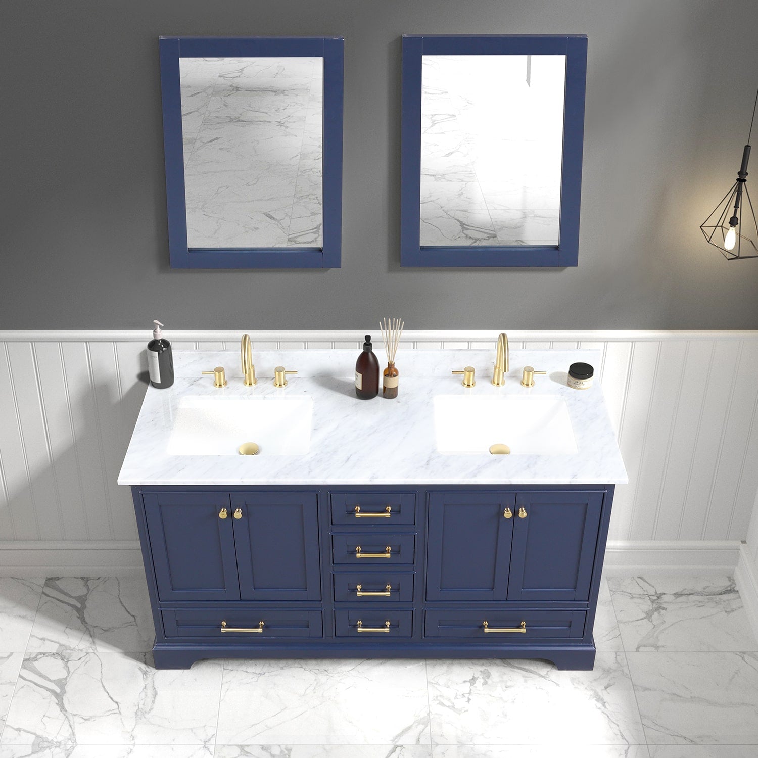 Copenhagen 60″ Bathroom Vanity with Double Sink Marble Countertop - Contemporary Bathroom Vanity
