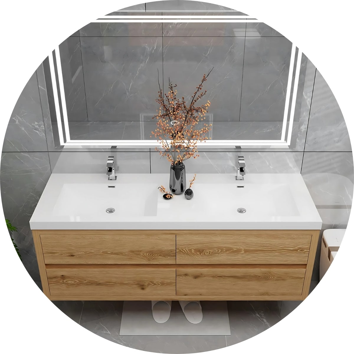 Bathroom Vanities of all sizes with double sink basins.