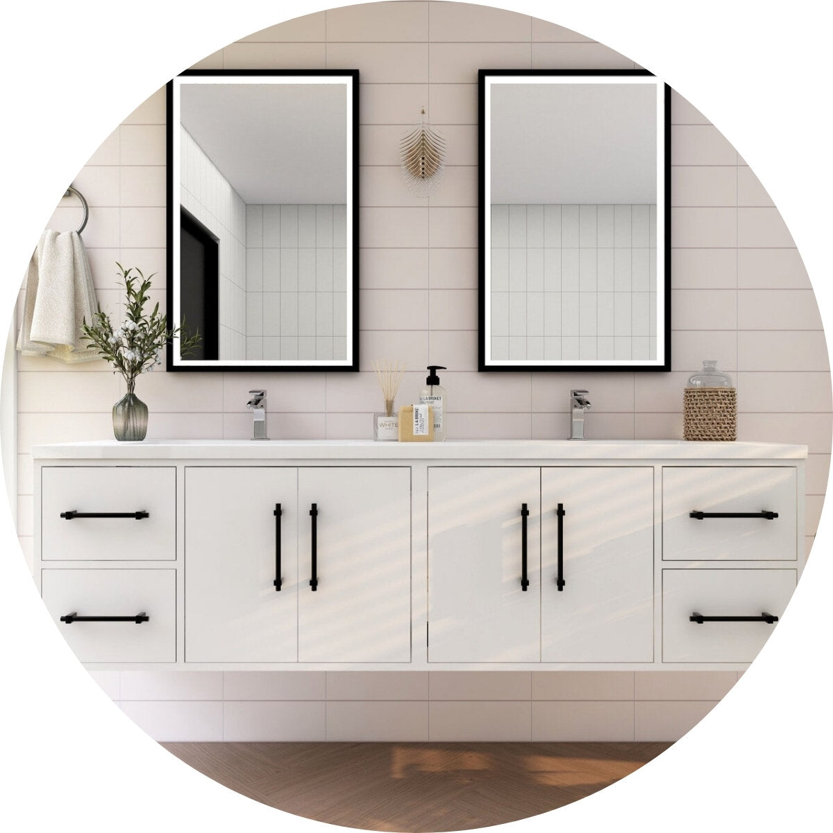 All wall mounted, floating bathroom vanities.