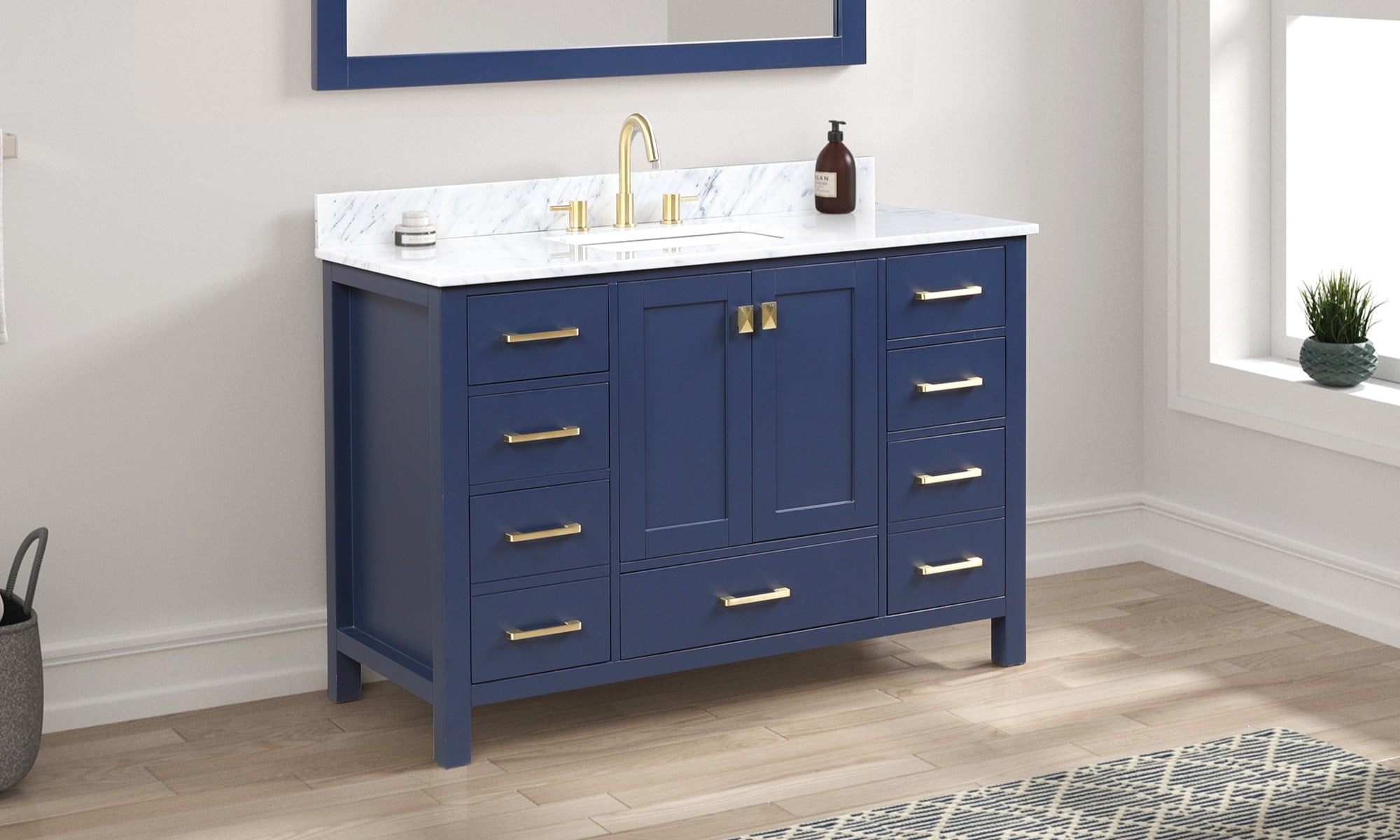 The Navy blue Geneva with Gold brush Nickel hardware is your next contemporary bathroom vanity