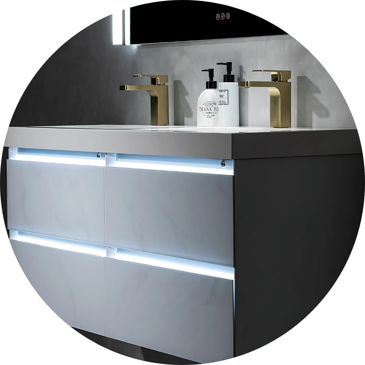 Bathroom vanities that light up with LEDs.