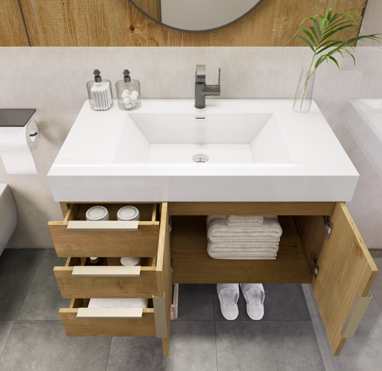 Noble 36" Wall-Mount Luxury Bathroom Vanity with Reinforced Acrylic Sink (Left Drawer)