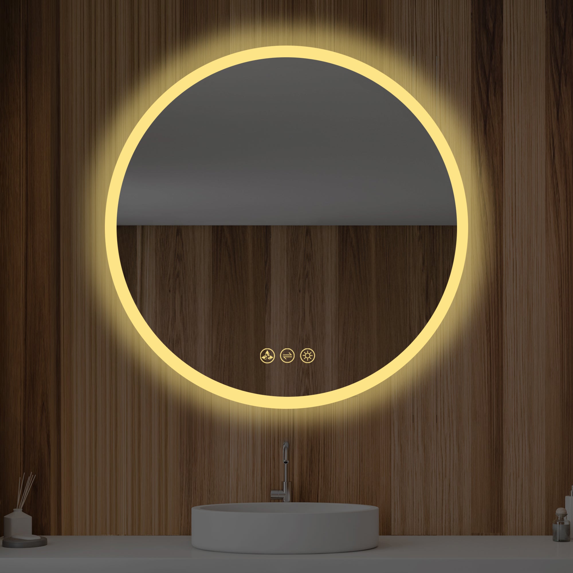 Orion 32″ Round LED Mirror with Frosted Side Vanity Plus