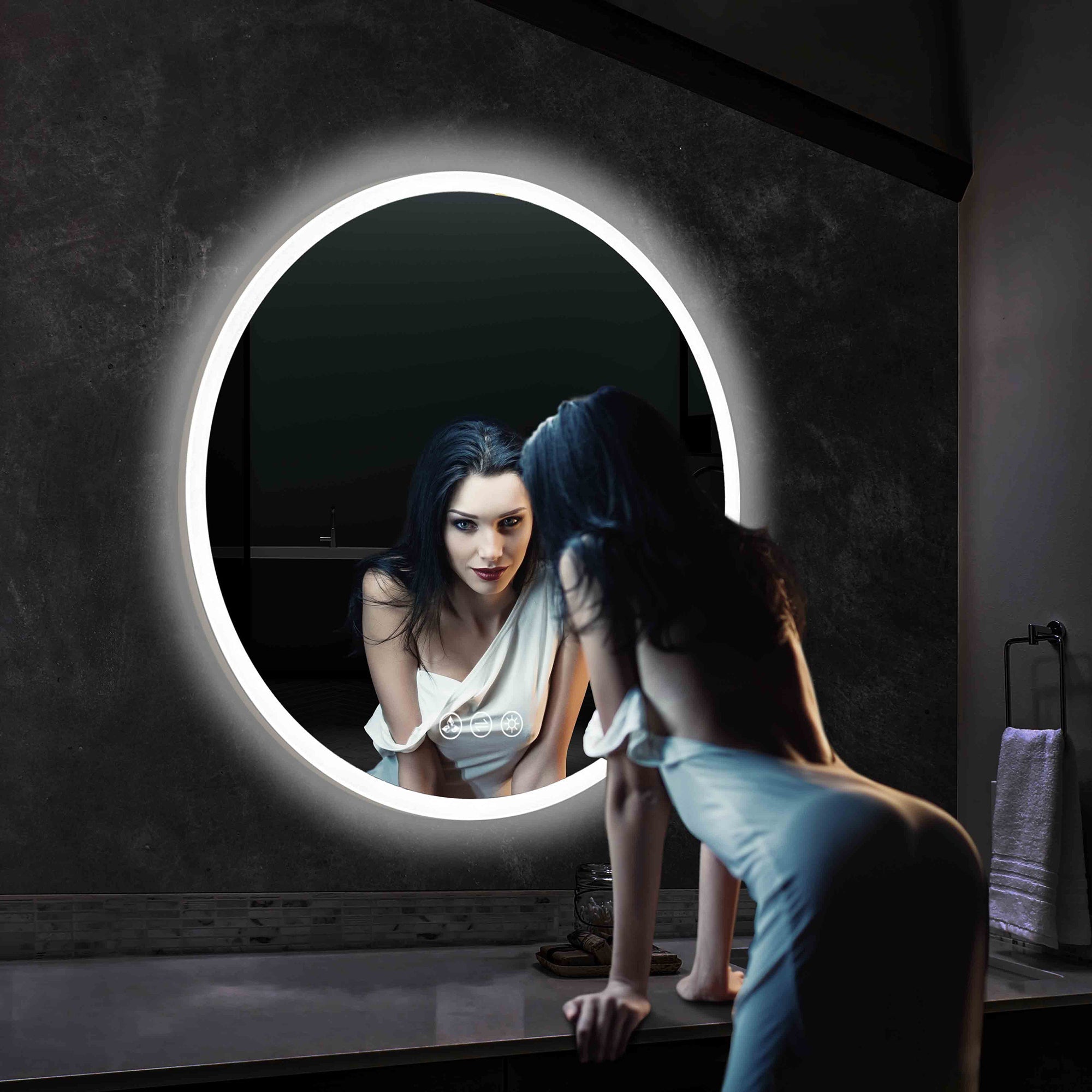 Orion 32″ Round LED Mirror with Frosted Side Vanity Plus