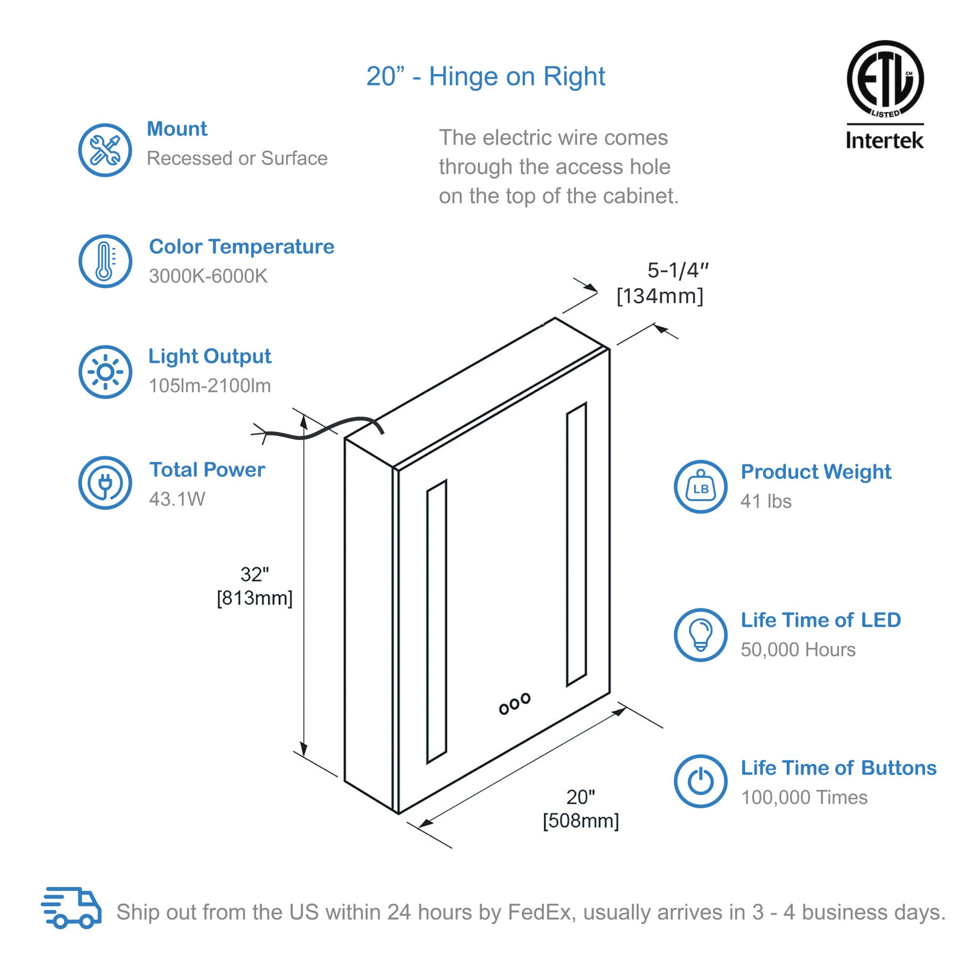 Pillar – 20 Inches LED Medicine Cabinet Vanity Plus