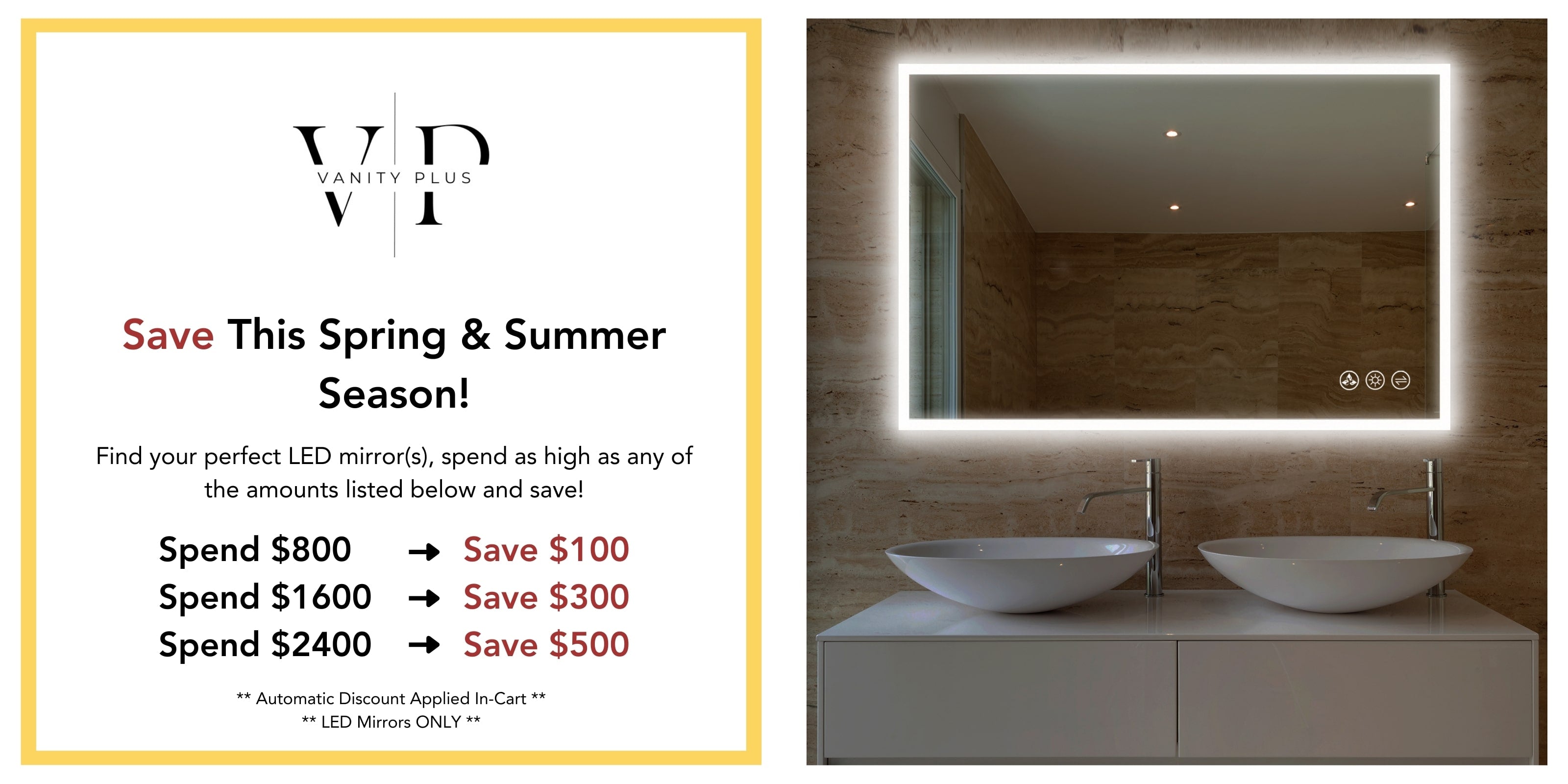 Save on LED Mirrors at Vanity Plus for your next bathroom makeover