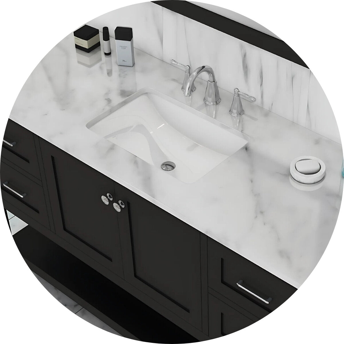 Bathroom Vanities of all sizes with a single sink basin. 