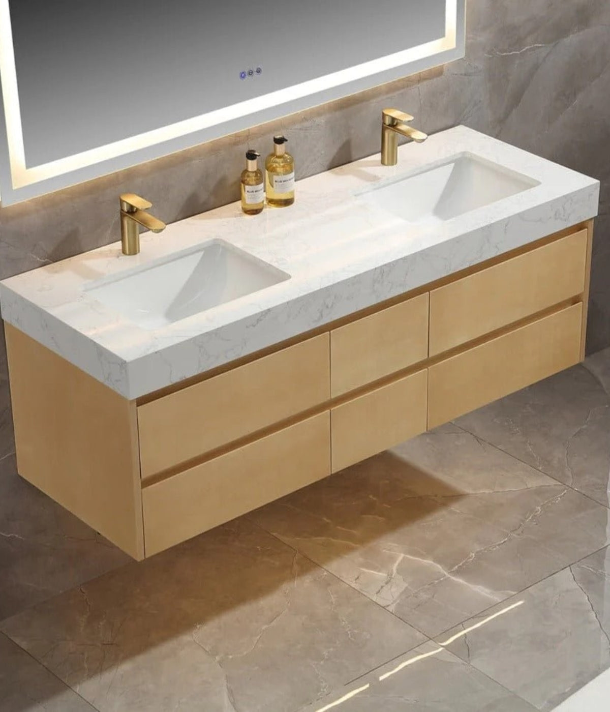 This beautiful bathroom wood vanity is the Sleek 60 inch by ExbriteUSA