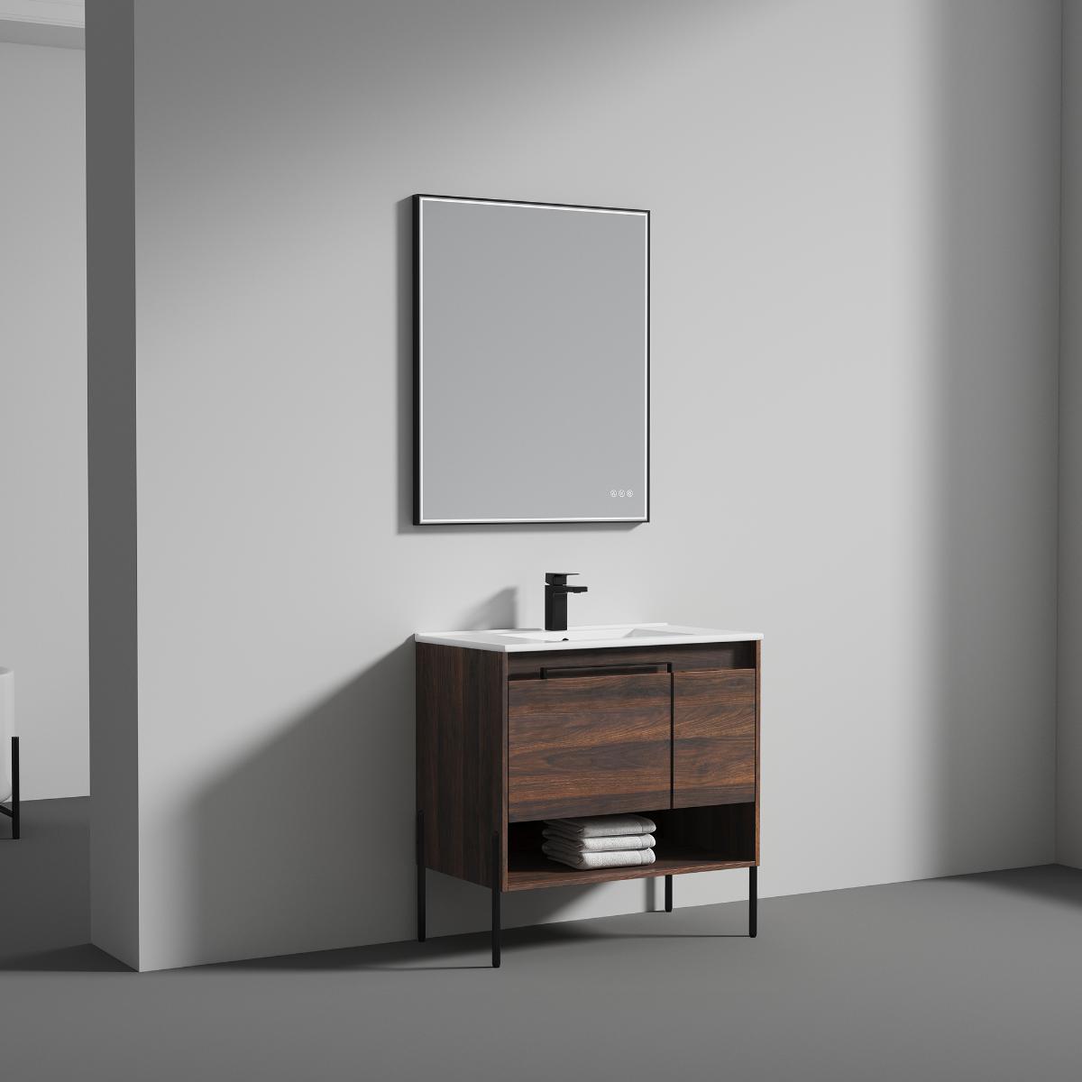 Turin 36″ Walnut Vanity with Ceramic Sink - Modern Bathroom Vanity