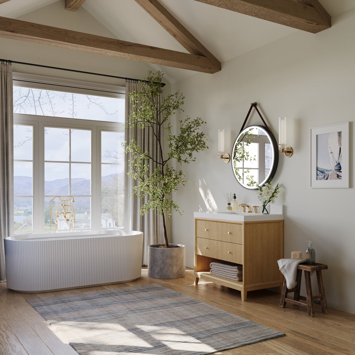 Ancerre Designs Momo 36-inch Oak vanity - Angled bathroom lifestyle view