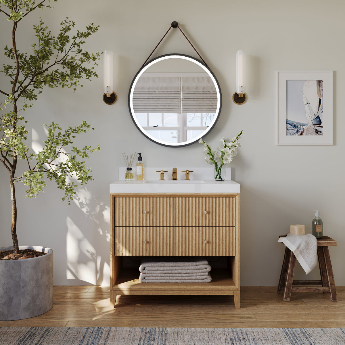 Ancerre Designs Momo 36-inch Oak vanity - Front bathroom lifestyle view