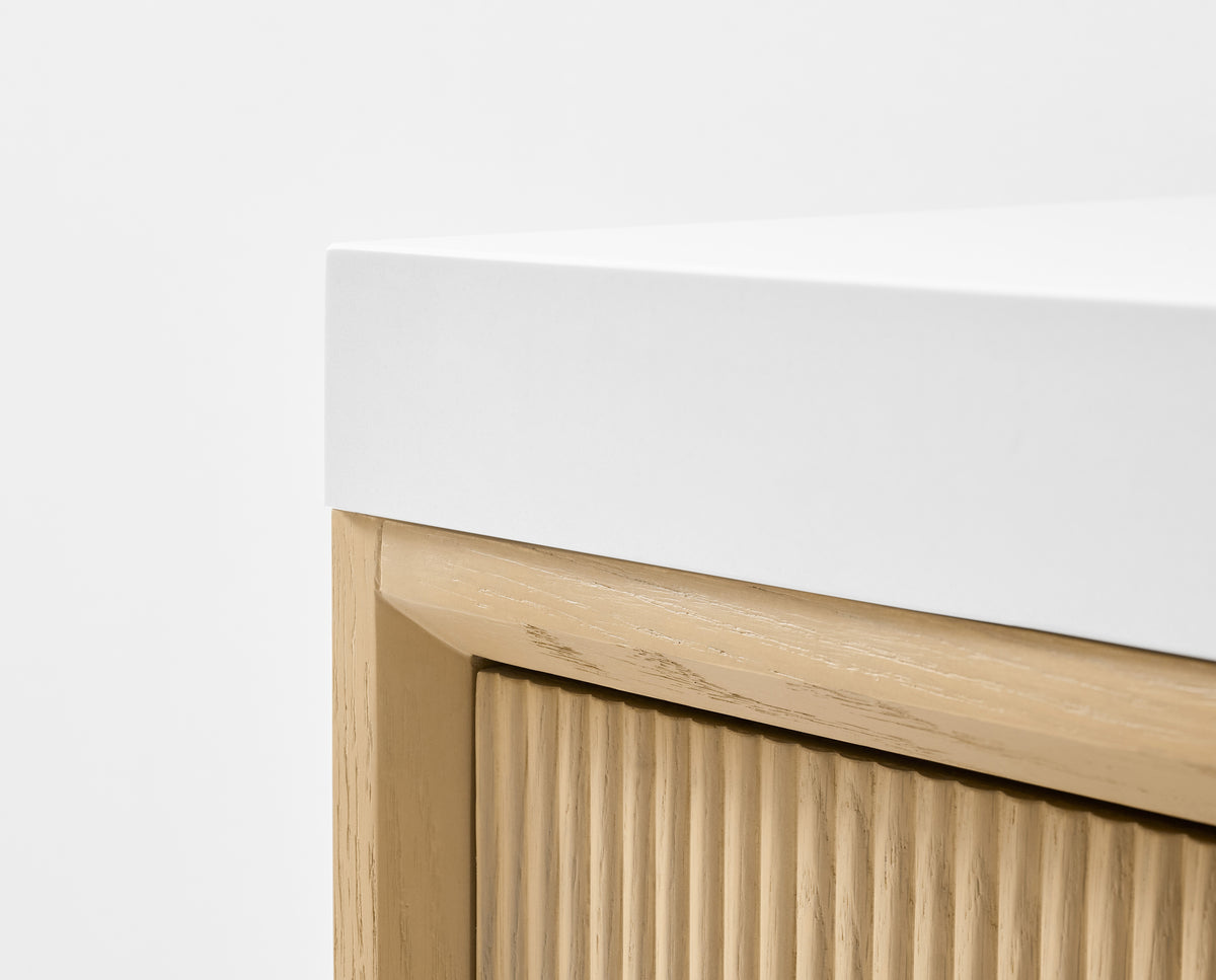 Ancerre Designs Momo 36-inch Oak vanity - Countertop and oak cabinet detail