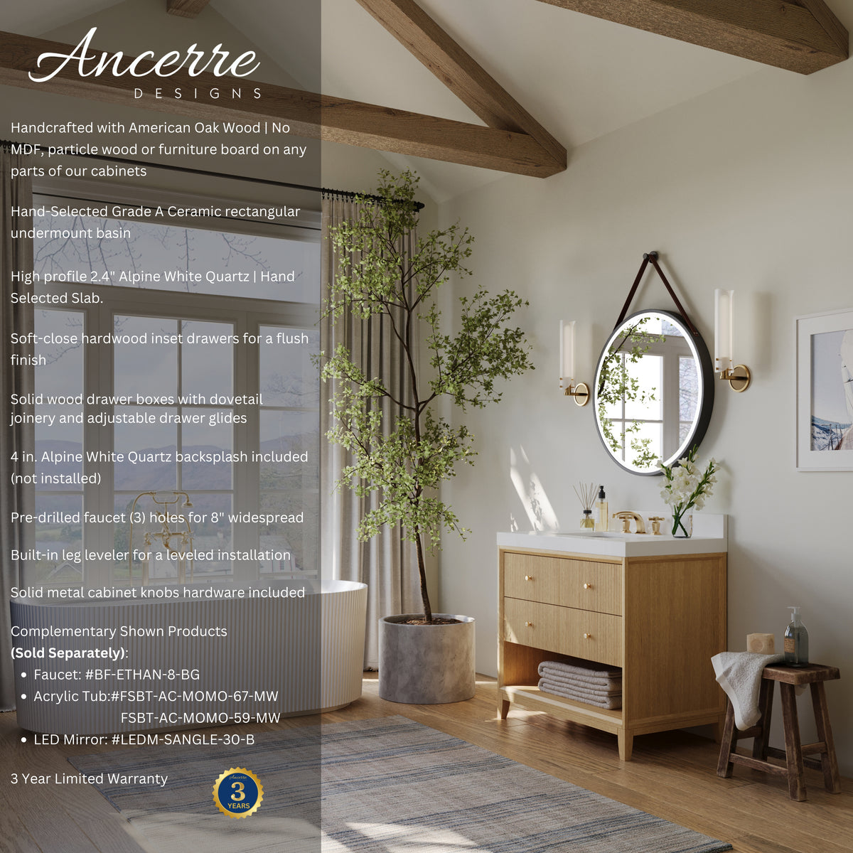 Ancerre Designs Momo 36-inch Oak vanity - Product features and included components