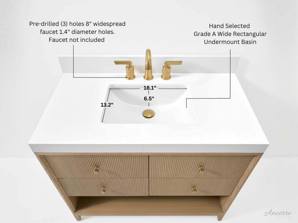 Ancerre Designs Momo 36-inch Oak vanity - Sink dimensions and faucet drilling specifications