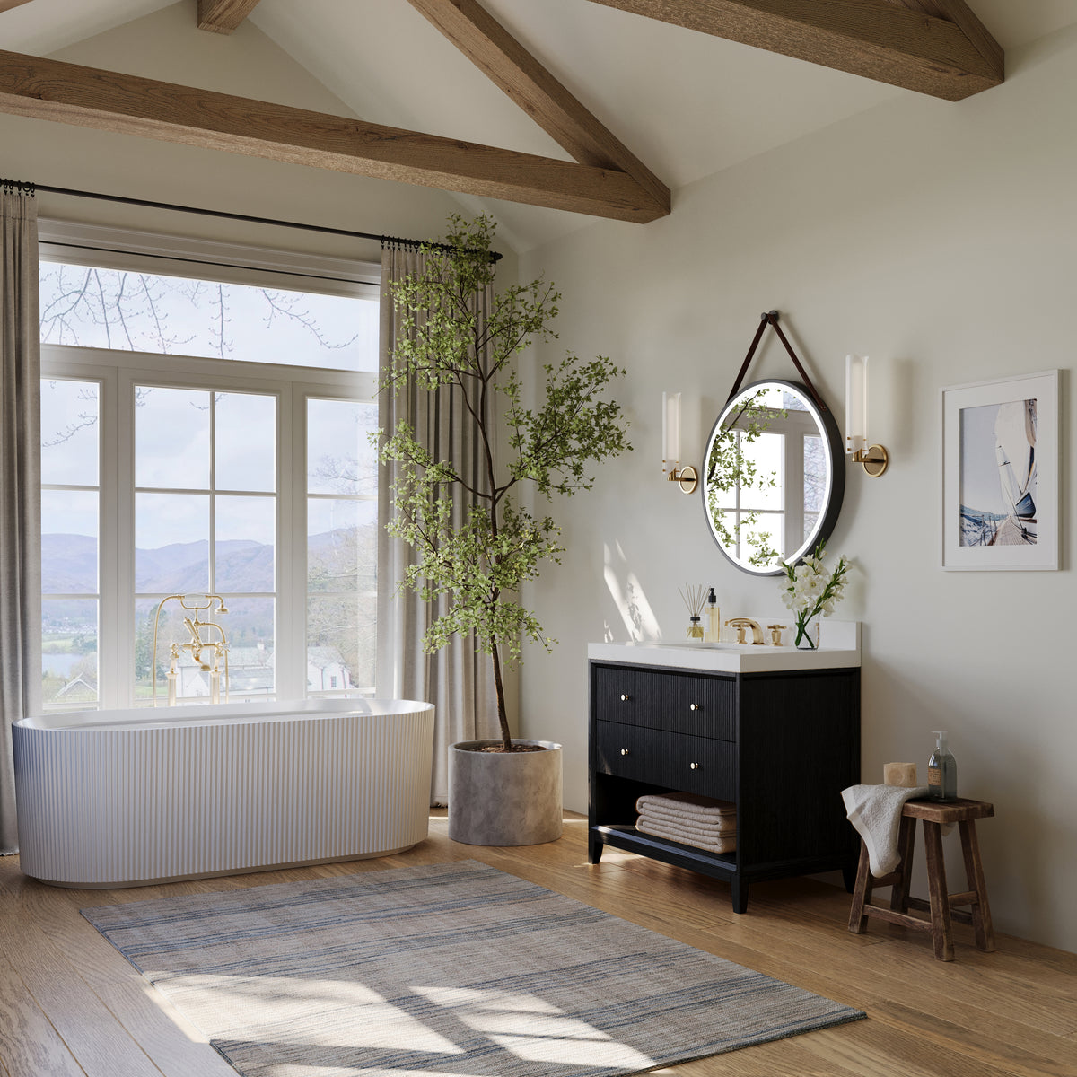 Ancerre Designs Momo 36-inch Black Oak vanity - Angled bathroom lifestyle view