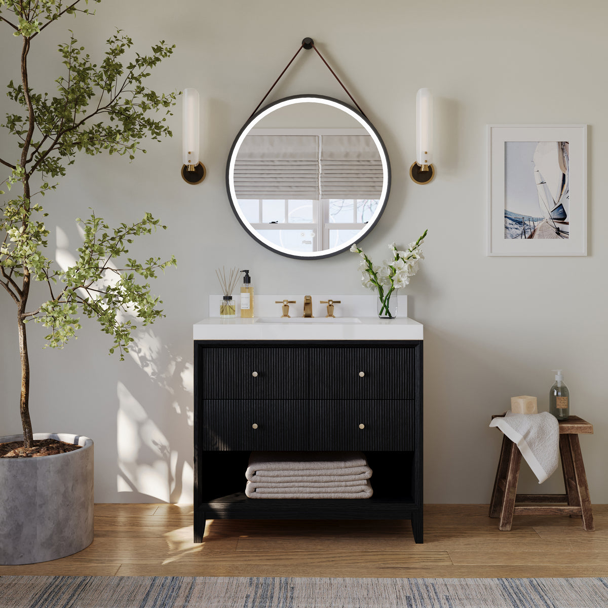Ancerre Designs Momo 36-inch Black Oak vanity - Front bathroom lifestyle view
