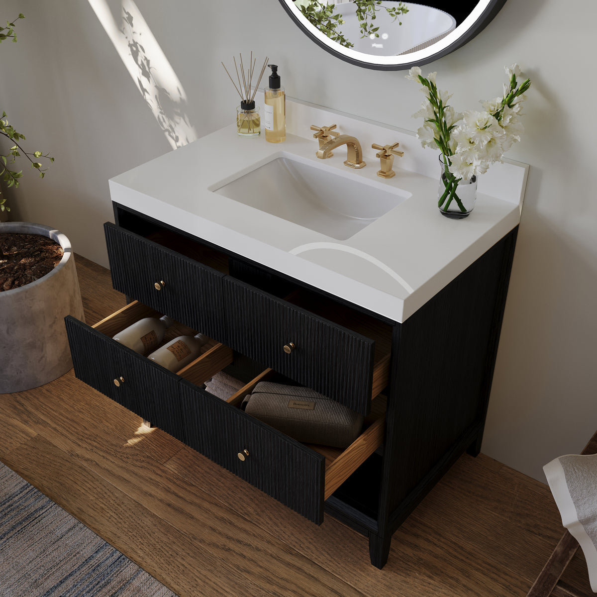 Ancerre Designs Momo 36-inch Black Oak vanity - Bathroom view with drawers open