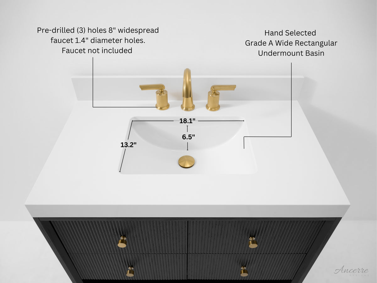 Ancerre Designs Momo 36-inch Black Oak vanity - Sink dimensions and faucet drilling specifications