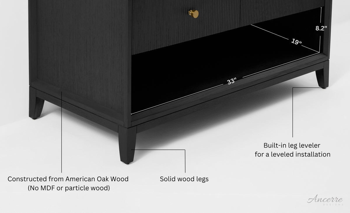 Ancerre Designs Momo 36-inch Black Oak vanity - Lower shelf dimensions and solid wood legs