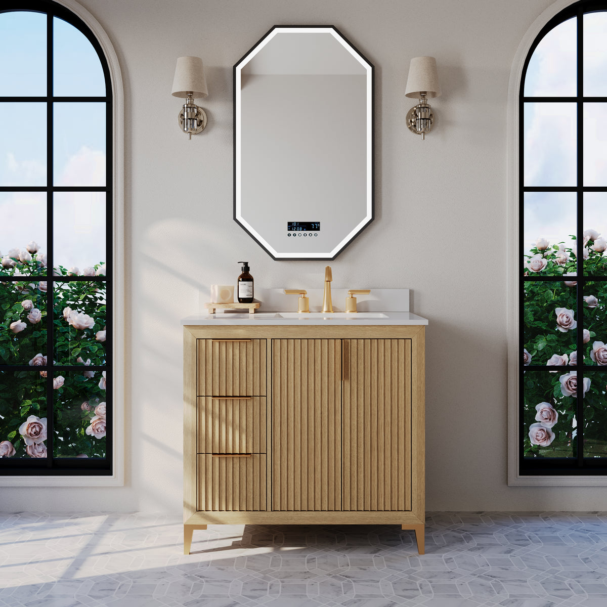 Ancerre Designs Turlington 36-inch Oak vanity - Bathroom setting, front view