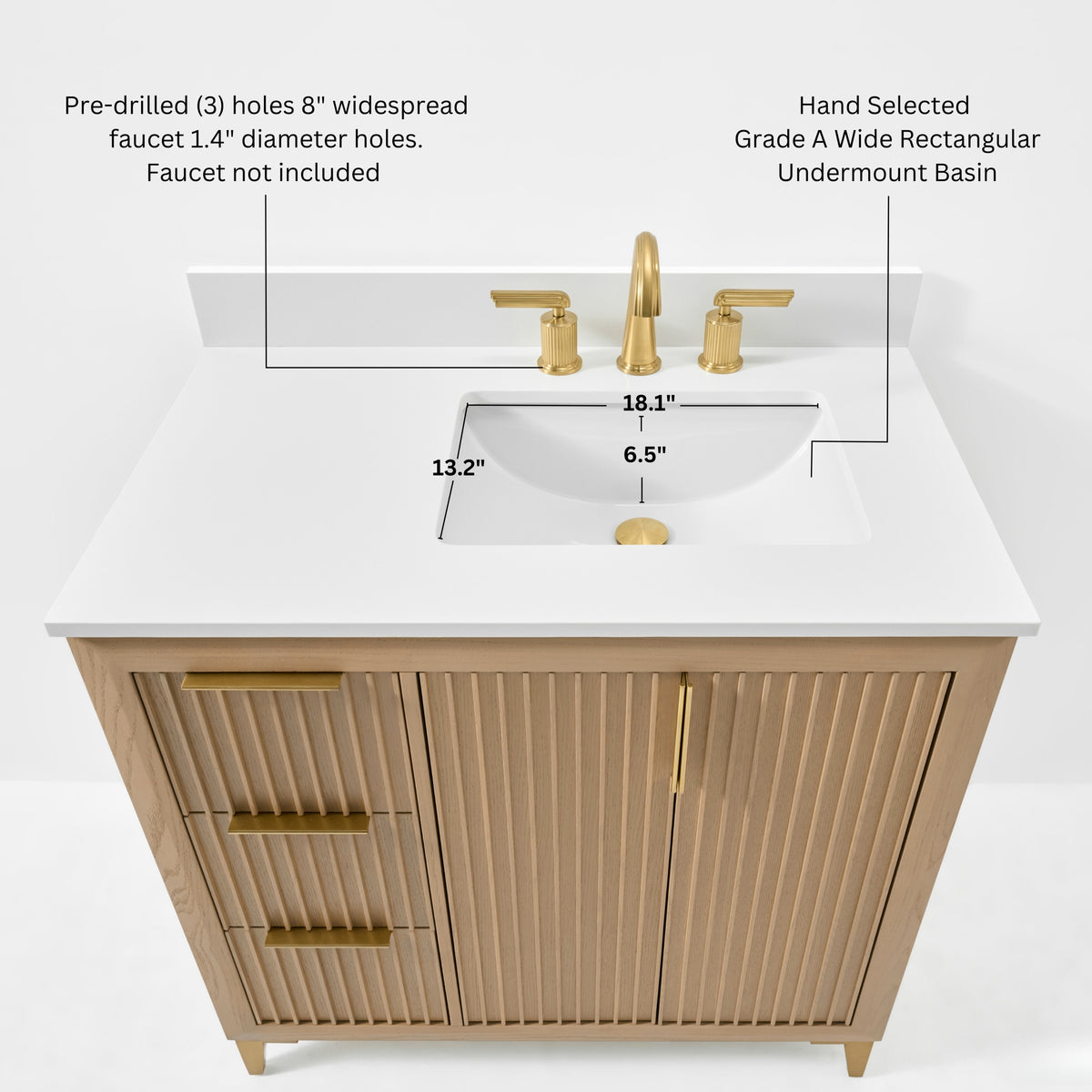 Ancerre Designs Turlington 36-inch Oak vanity - Sink dimensions and faucet requirements
