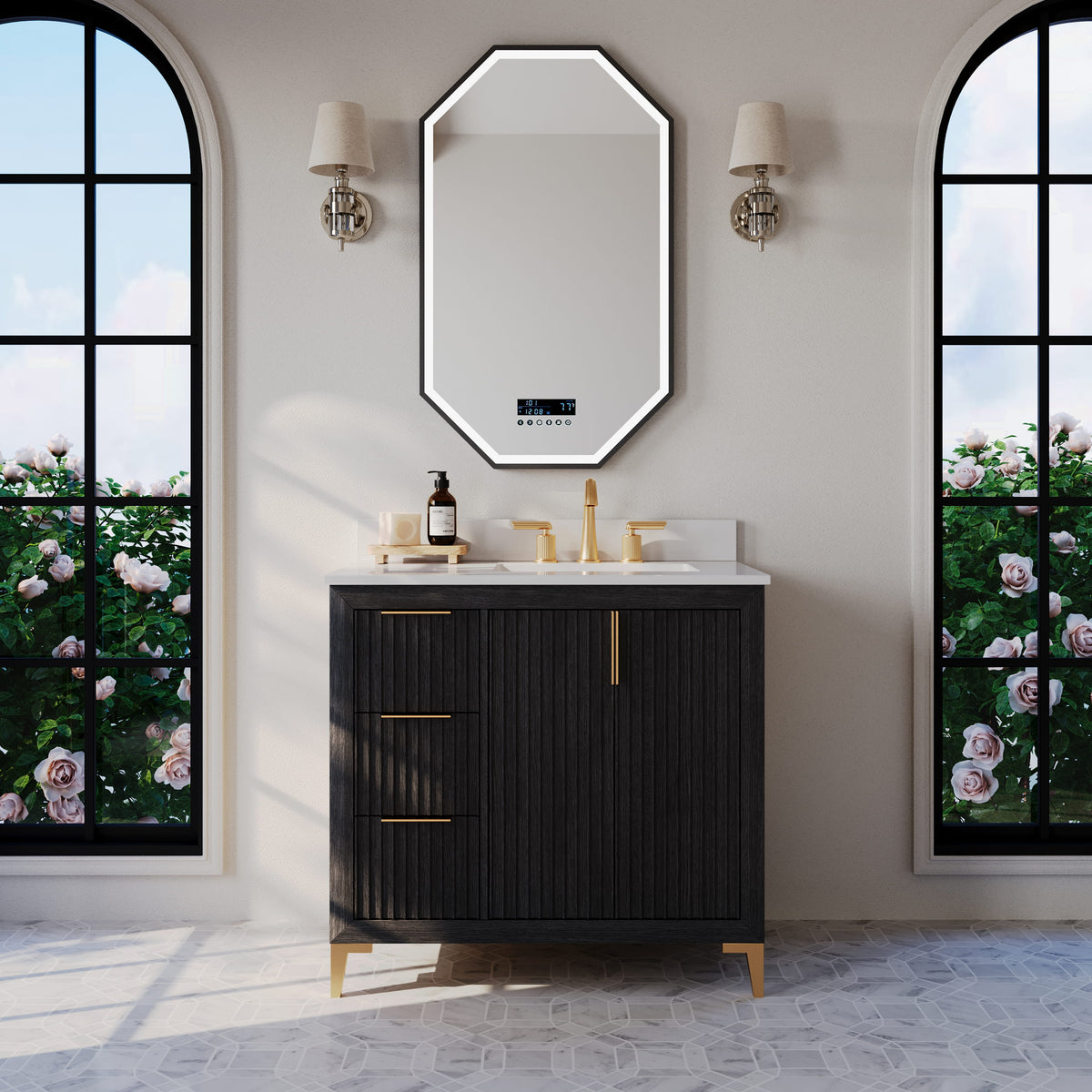Turlington 36-inch bathroom vanity in Black Oak — front view in a bathroom