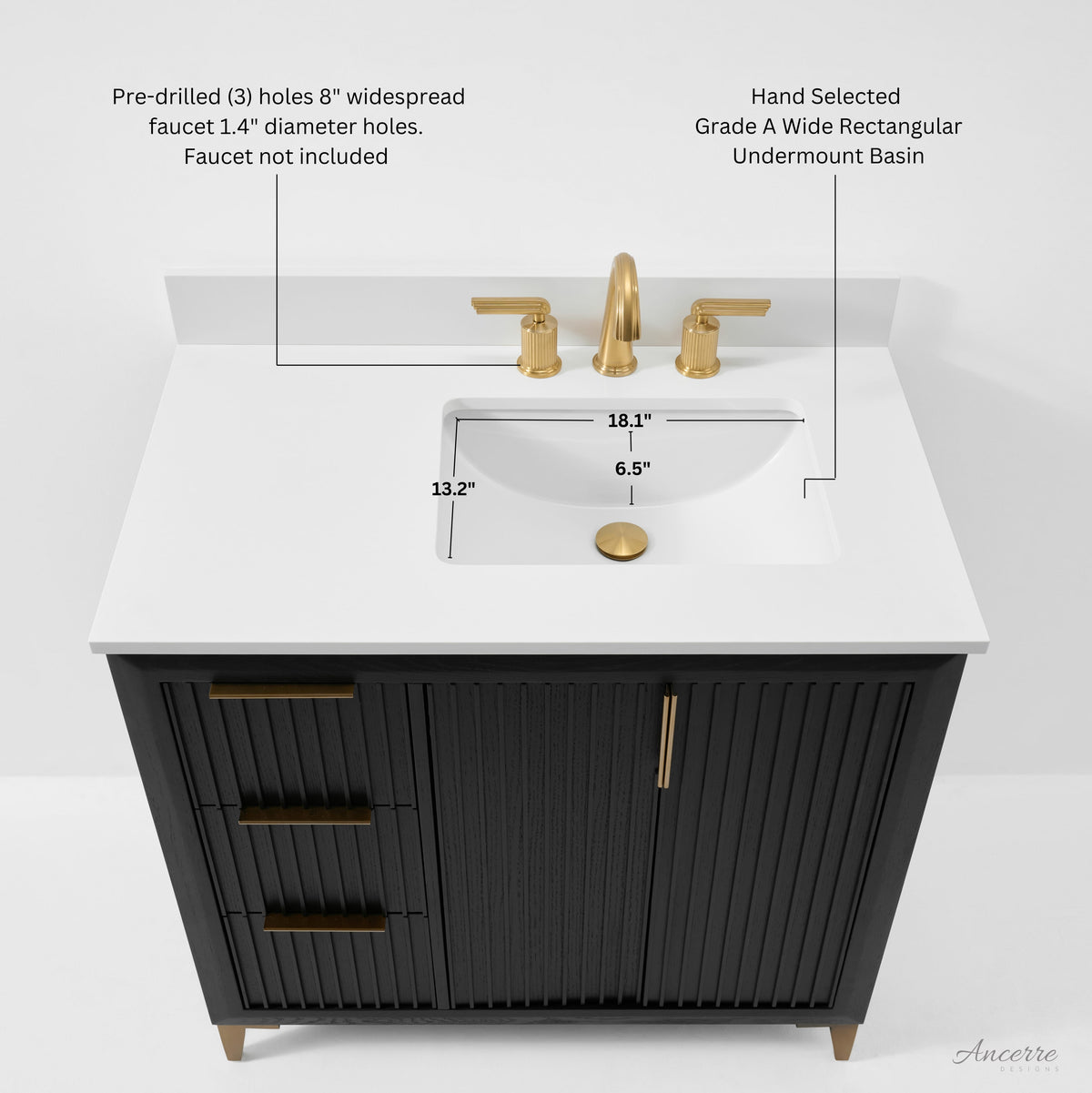 Turlington 36-inch bathroom vanity in Black Oak — sink and faucet dimensions