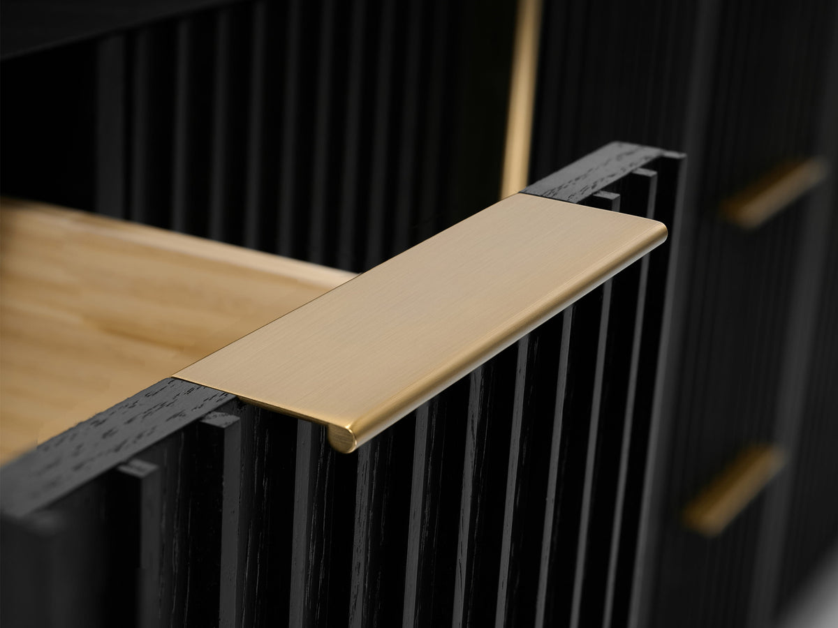 Turlington 36-inch bathroom vanity in Black Oak — hardware detail