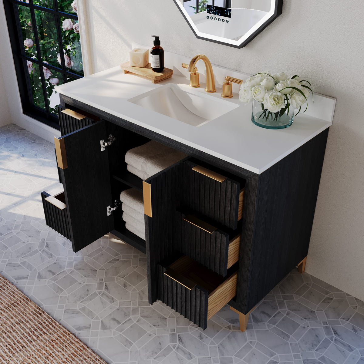 Turlington  48" Bath Vanity Set in Black Oak Finish with Alpine White Quartz Top