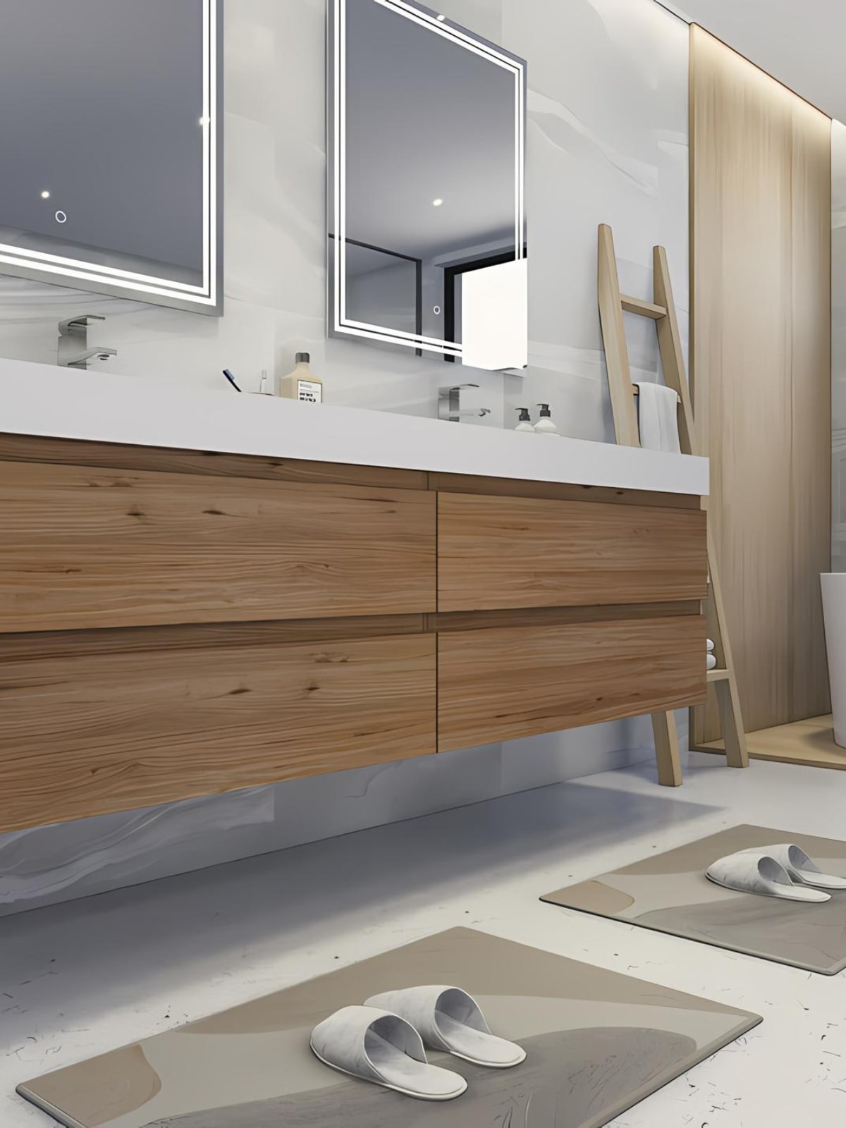 Wooden floating vanities add a natural clean aesthetic with plenty of storage and space. 