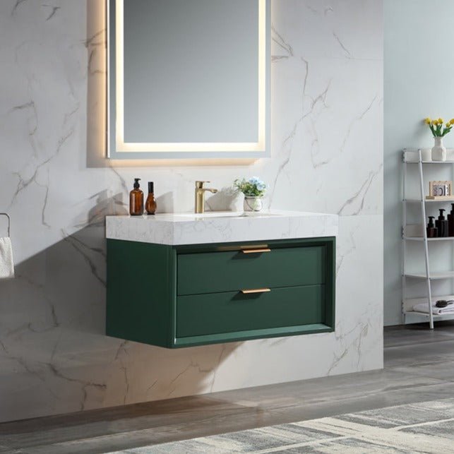 Glam 36" Green Modern Floating Bathroom Vanity Stone Slab Countertop  - Luxury Bathroom Vanity