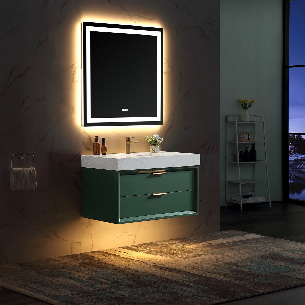 Glam 36" Green Modern Floating Bathroom Vanity Stone Slab Countertop - Luxury Bathroom Vanity