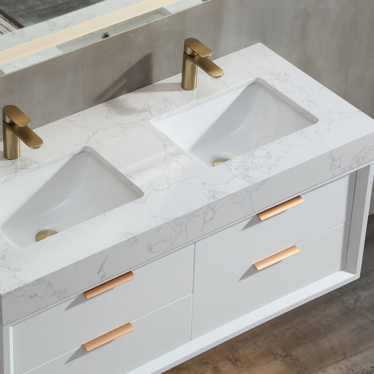 Glam 48" White Modern Floating Rubberwood Bathroom Vanity Stone Slab Double Countertop - Luxury Bathroom Vanity