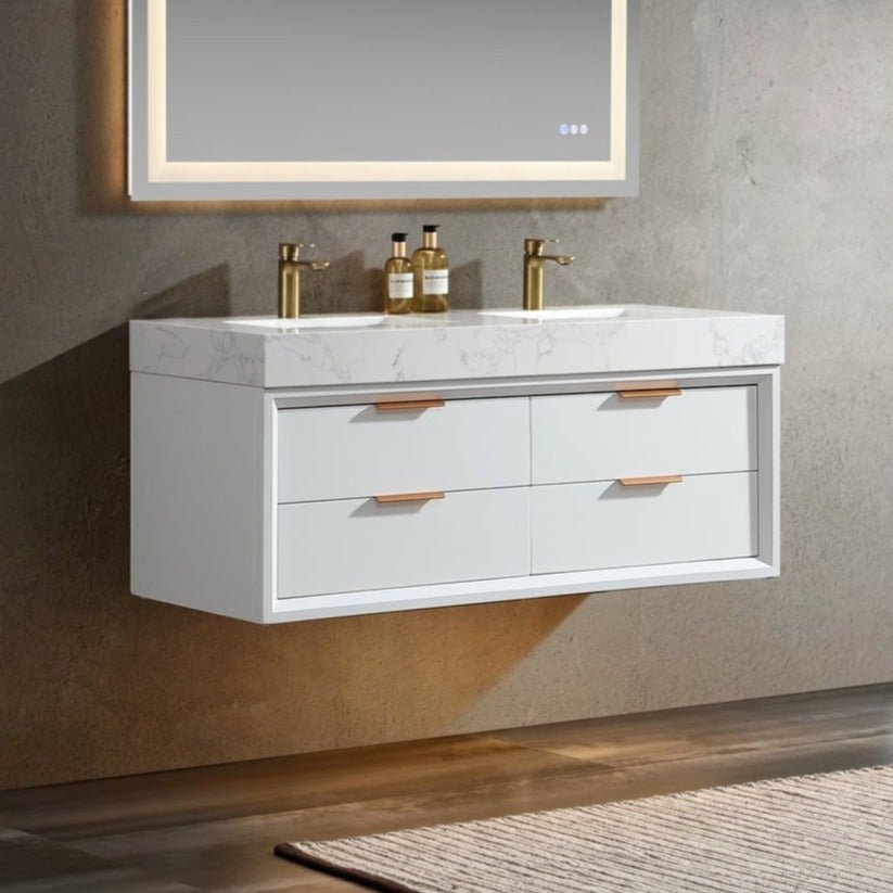 Glam 48" White Modern Floating Rubberwood Bathroom Vanity Stone Slab Double Countertop - Luxury Bathroom Vanity