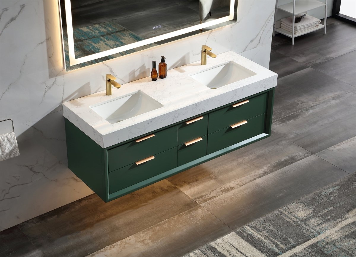 Glam 60" Green Modern Floating Bathroom Vanity Stone Slab Double Countertop - Luxury Bathroom Vanity