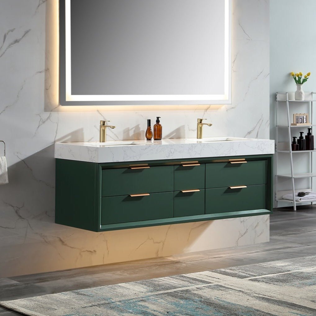 Glam 60" Green Modern Floating Bathroom Vanity Stone Slab Double Countertop - Luxury Bathroom Vanity