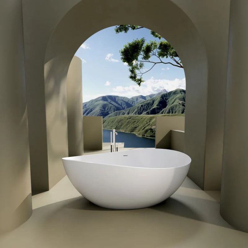 Matte White 63" Solid Stone Resin Bathtub with Overflow