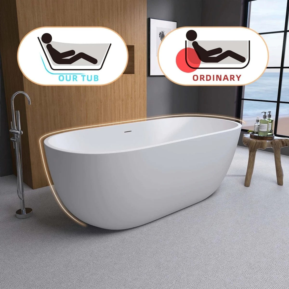 Matte White 65" Acrylic Classic Oval Freestanding Bathtub